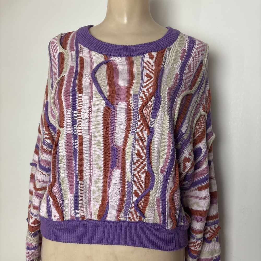 Forever 21 Coogi Style Crop Sweater Womens M Purple Pink 3D Knit Crew Neck